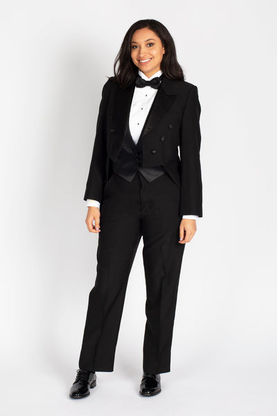 high school music band orchestra student girl wearing black tuxedo tailcoat black bow tie standing facing frontward