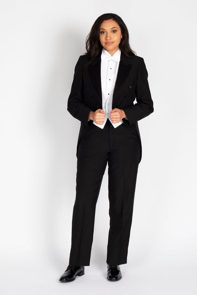 high school music band orchestra student girl wearing black tuxedo tailcoat white bow tie standing facing frontward