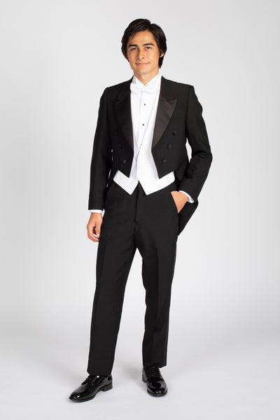 high school music band orchestra student boy wearing black tuxedo tailcoat white bow tie standing facing frontward