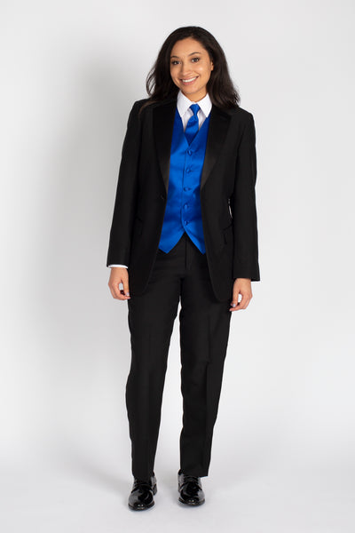 high school student girl wearing black tuxedo blue vest bow tie standing