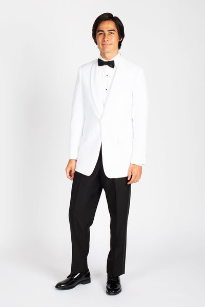 high school student boy white tuxedo dinner jacket black bow tie standing facing frontward