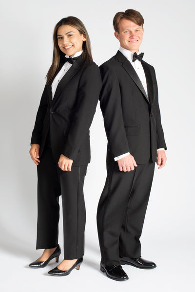 high school music band students girl boy wearing black tuxedo bow tie standing shoulder to shoulder away from each other facing frontward