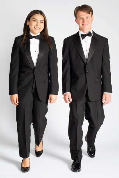 high school music band students girl boy wearing black tuxedo bow tie walking frontward