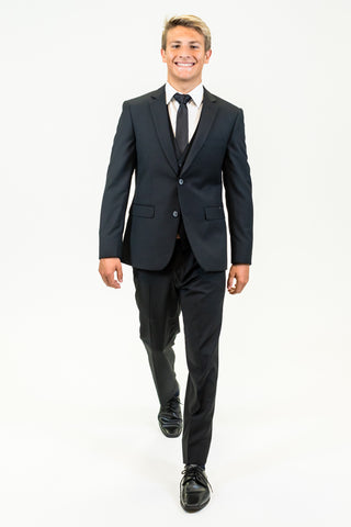 high school student boy wearing black polyester suit black tie walking frontward