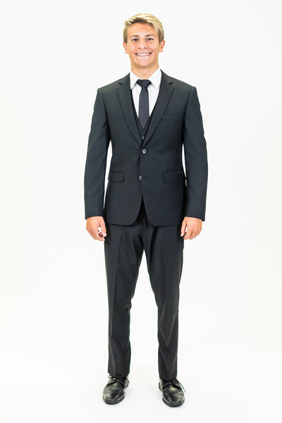 high school student boy wearing black polyester suit black tie standing facing front