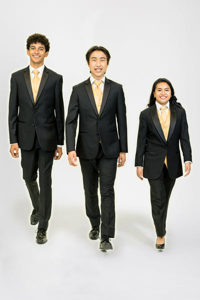 three high school students boys girl wearing black tuxedo gold neck tie walking frontward