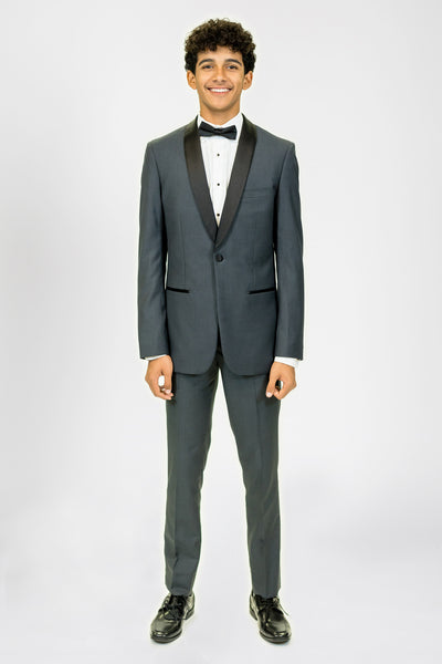 high school student boy wearing charcoal tuxedo black bow tie standing facing frontward