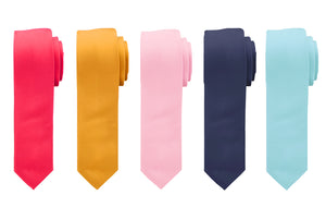 five satin neck ties neckties red gold pink navy blue laid out