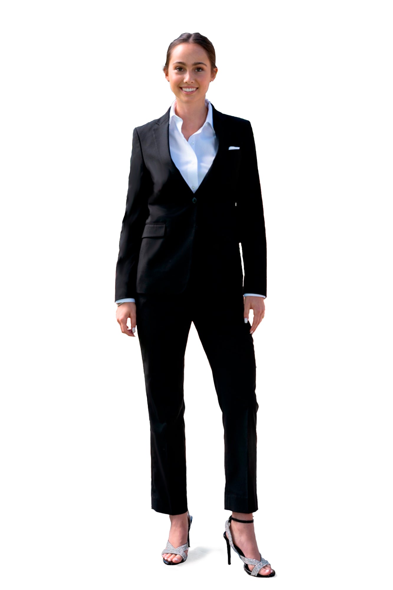 woman wearing black suit pants white collar shirt standing