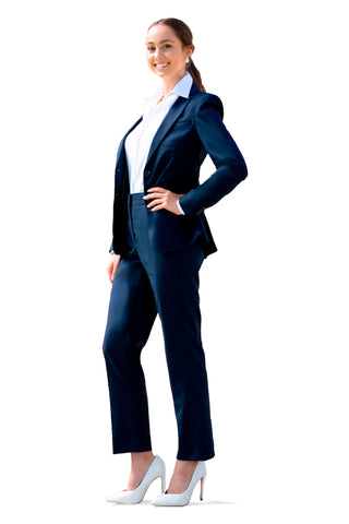 woman wearing navy suit pants white collar shirt standing right hand on hip