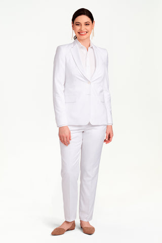 woman wearing white suit collar shirt standing